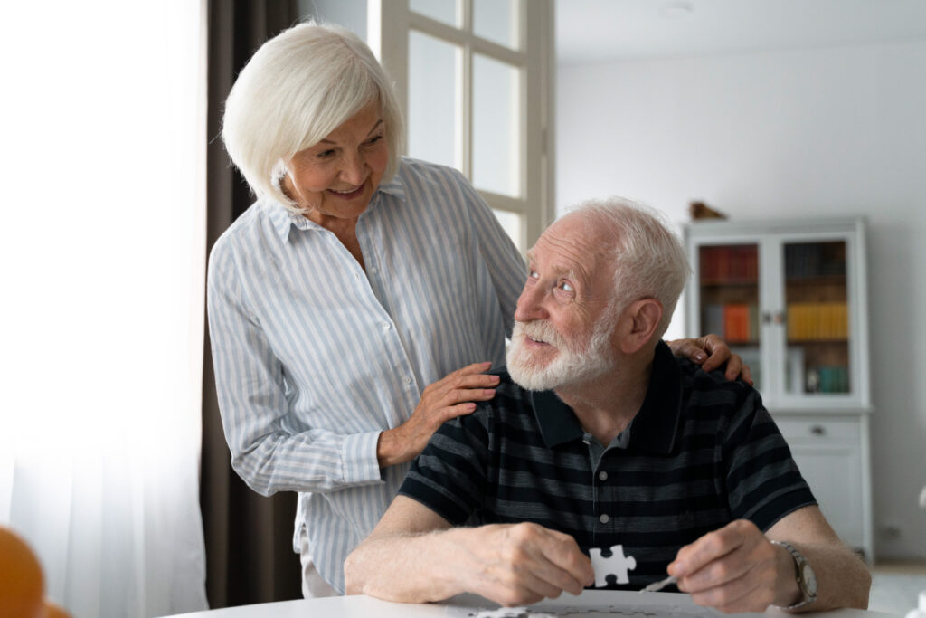 Photo of senior couple looking at each other